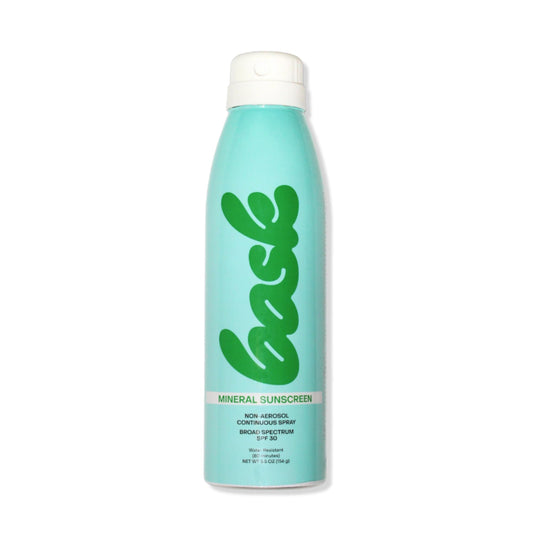Bask Suncare SPF 30 mineral sunscreen spray bottle for easy, even coverage.