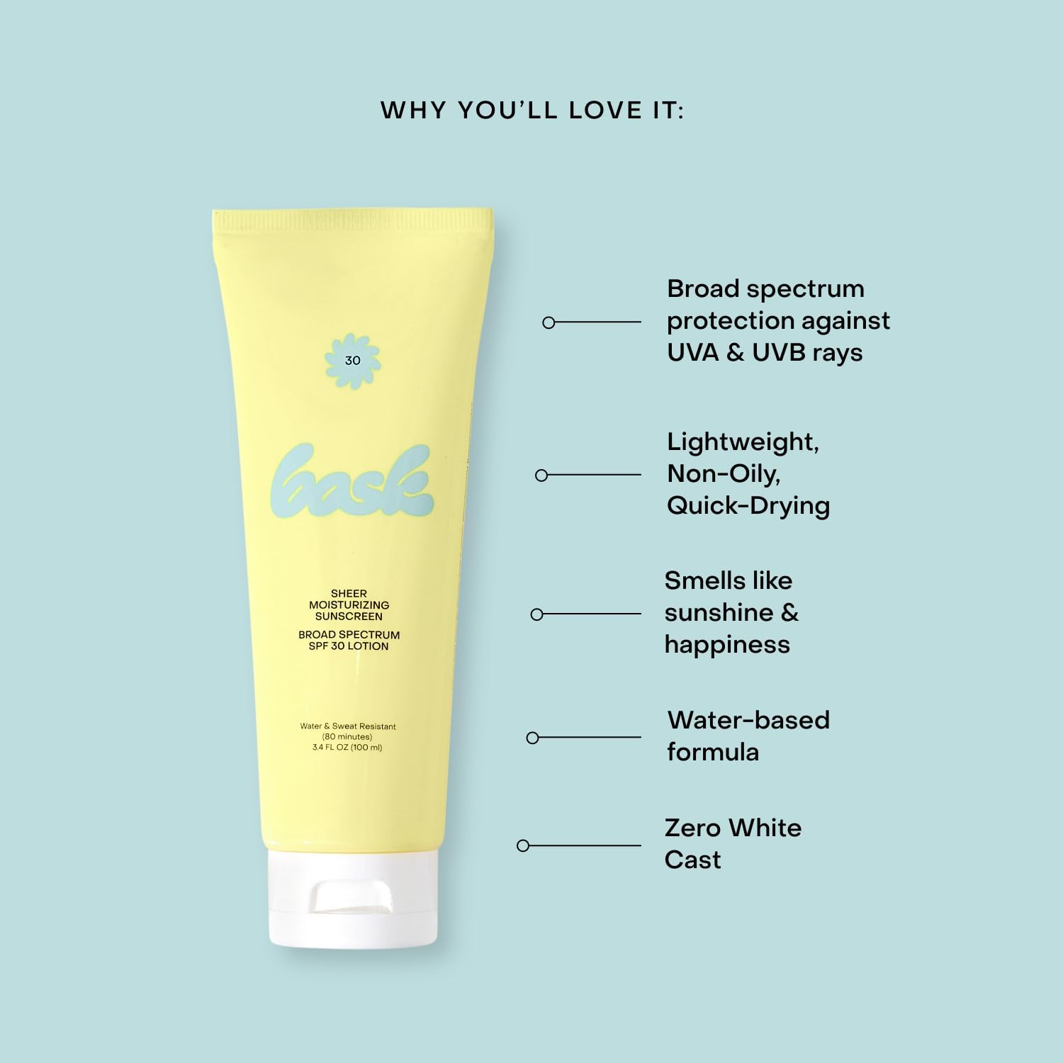 Bask Suncare SPF 30 lotion absorbs instantly with a sheer rub-in