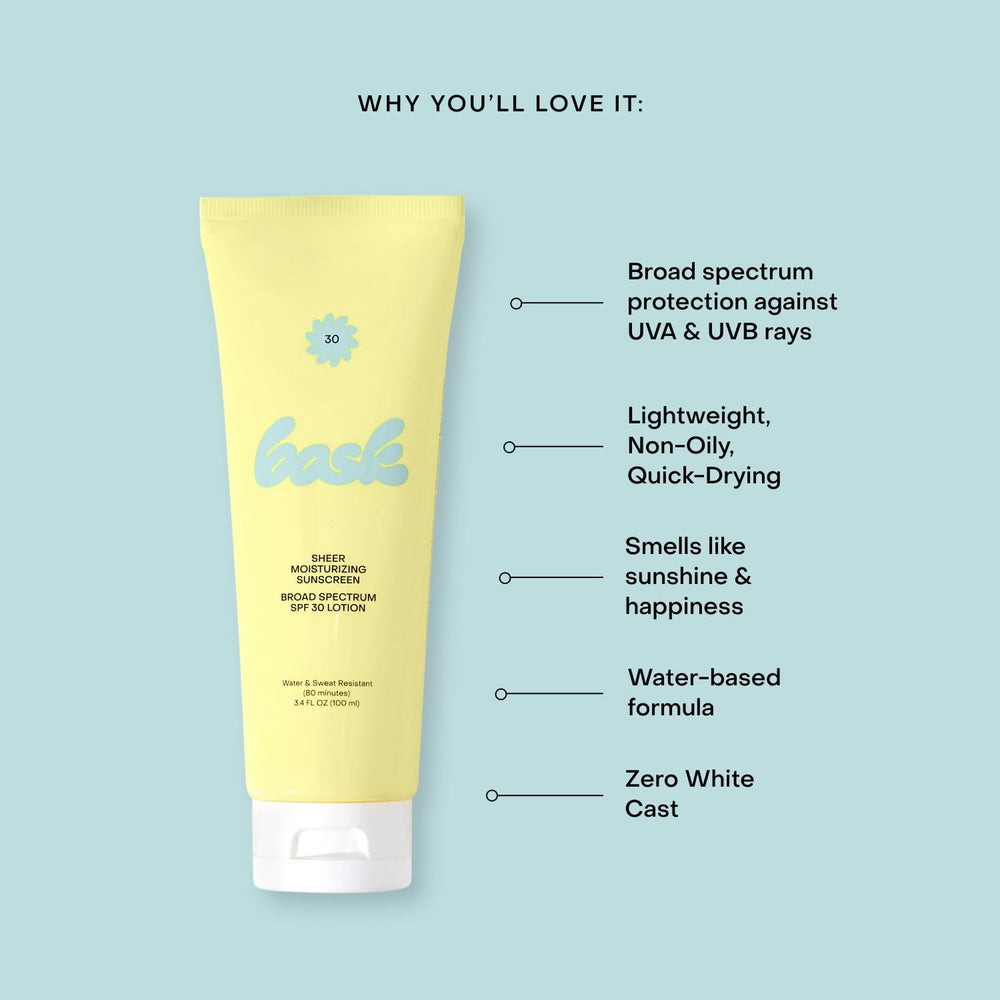 Bask Suncare SPF 30 lotion absorbs instantly with a sheer rub-in
