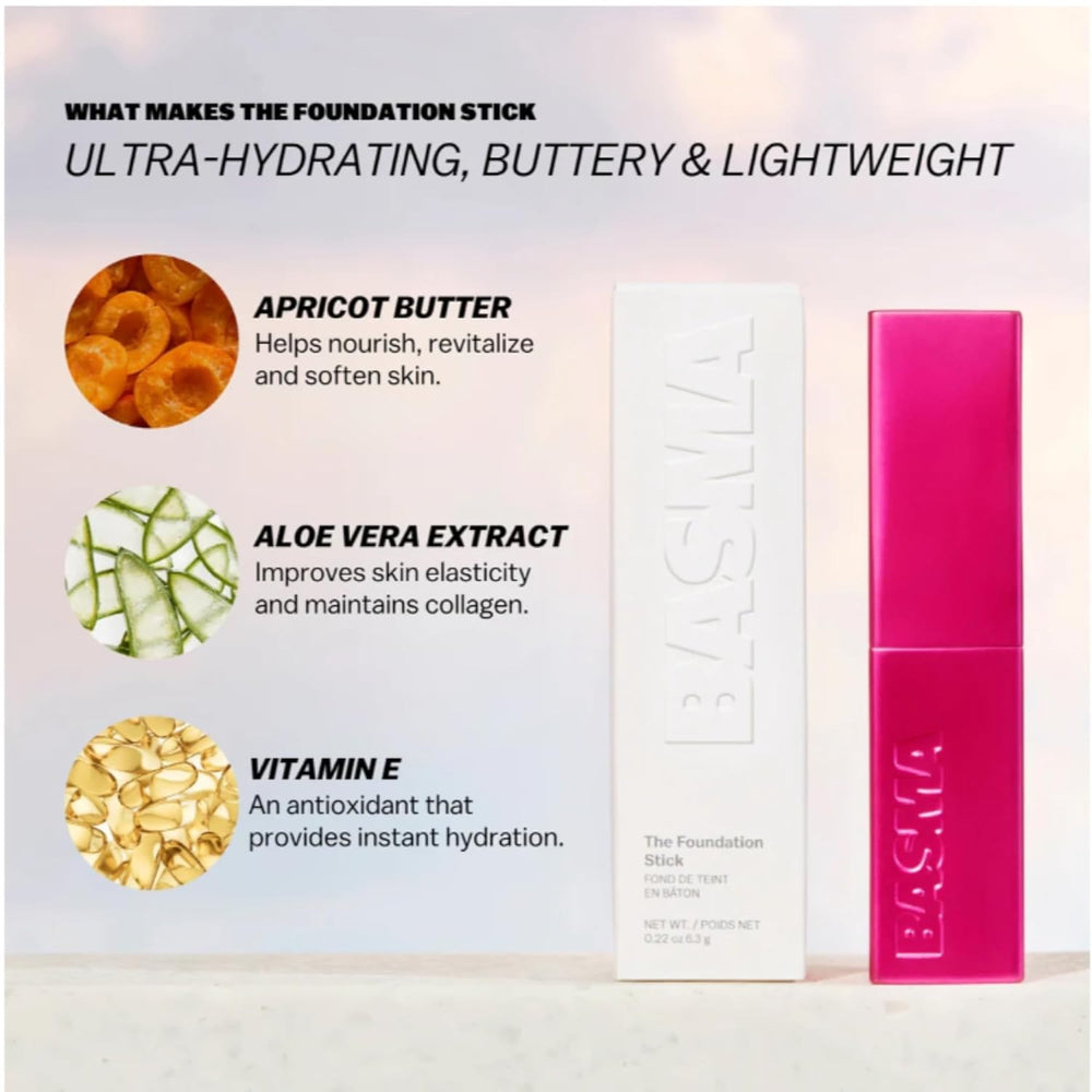 Basma Beauty Foundation Stick enables buildable coverage from sheer to medium.