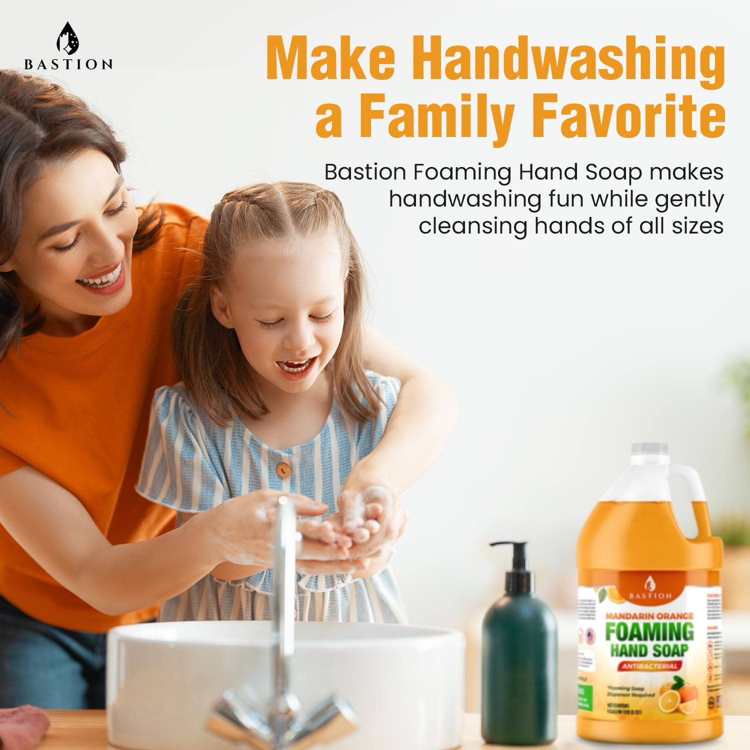 Bastion Mandarin Orange foaming hand soap foam lather in action