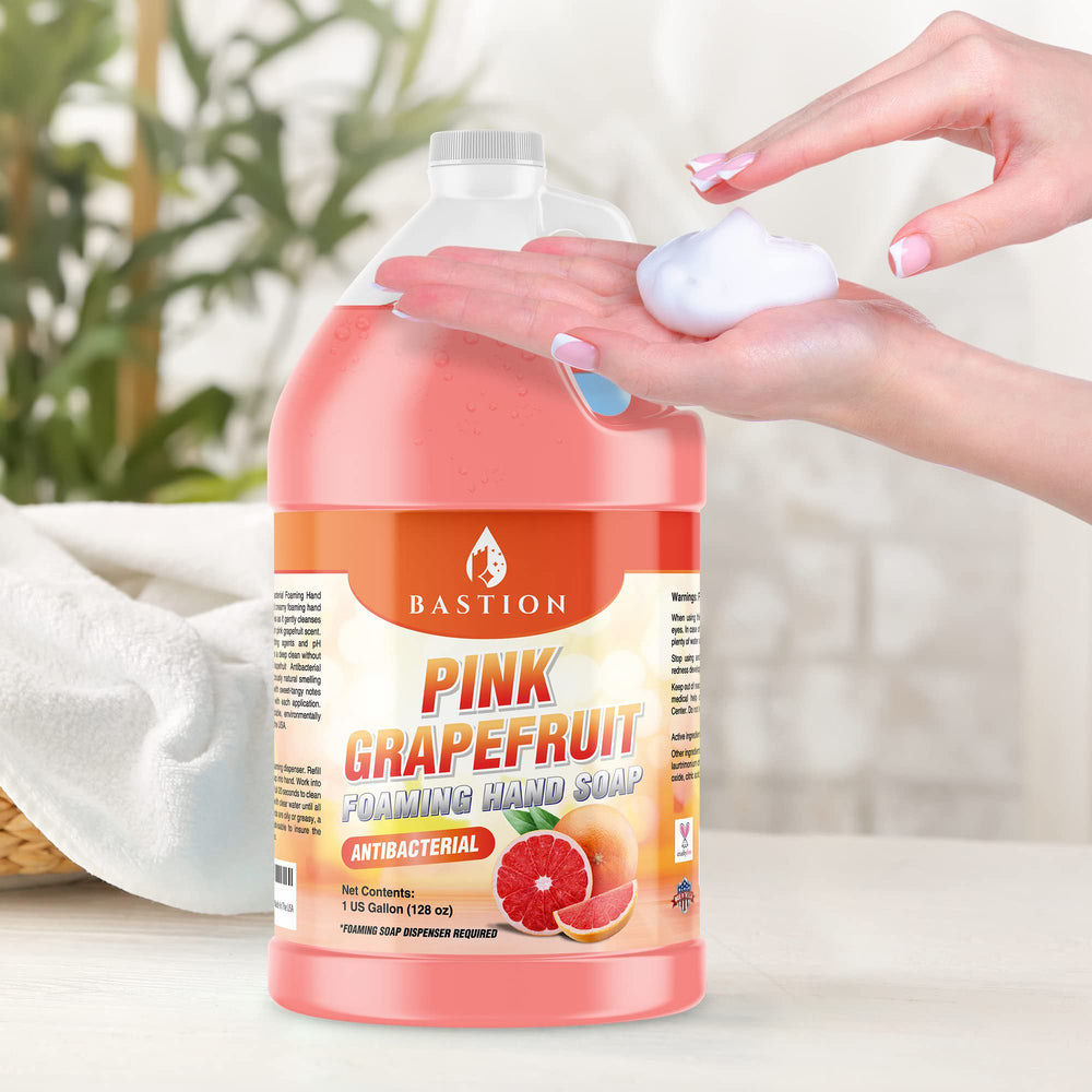 Bastion Pink Grapefruit foaming soap bottle label highlights USA-made quality.