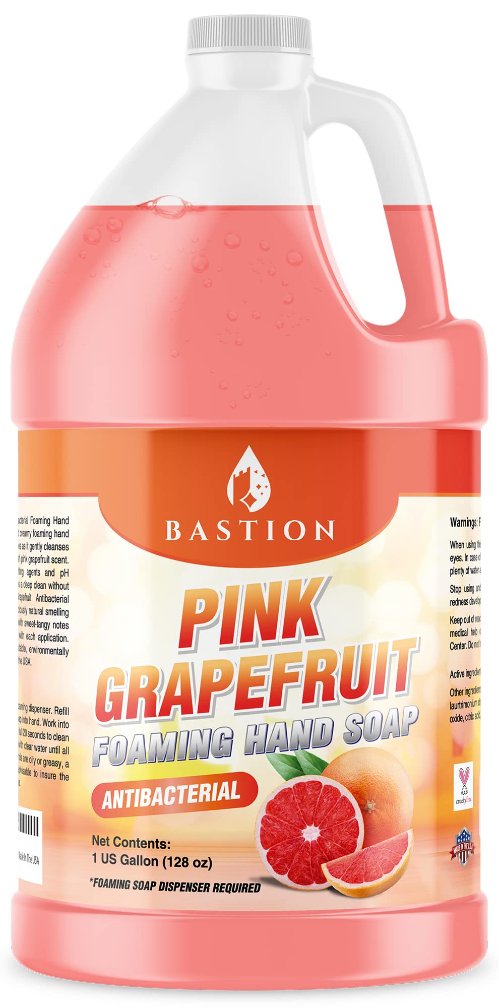 Bastion Pink Grapefruit foaming soap pours smoothly for mess-free refills.