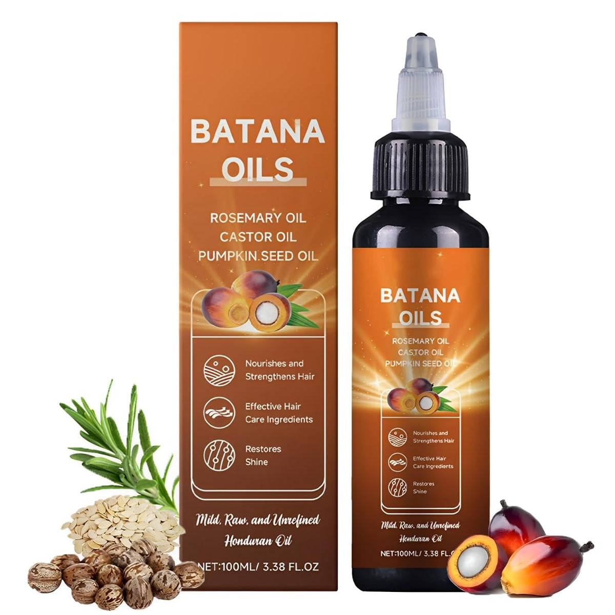 Batana Oil hair-growth bottle showing four-in-one formula for nourished roots.