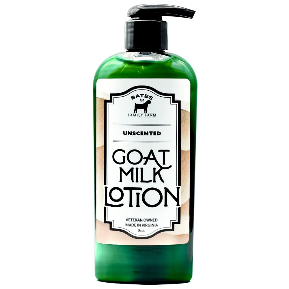 Bates Family Farm Goat Milk and Shea Lotion bottle shows unscented formula for gentle hydration