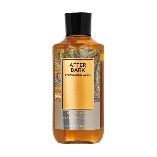 Bath & Body Works After Dark 3-in-1 bottle pour shows all-in-one wash convenience.