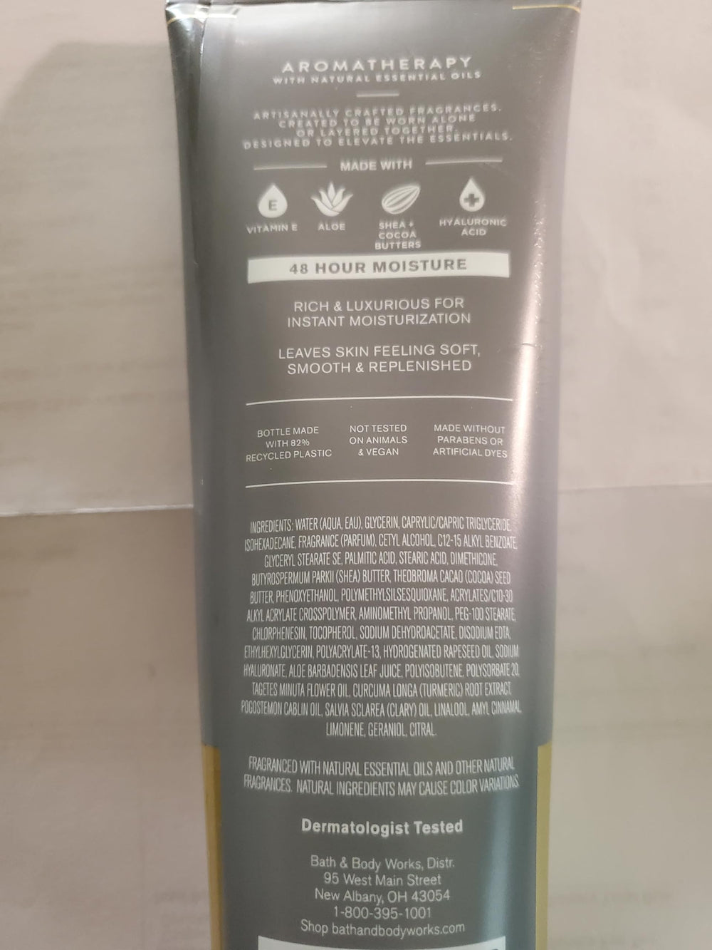Bath & Body Works Aromatherapy Black Tea cream label close-up highlighting calming scent