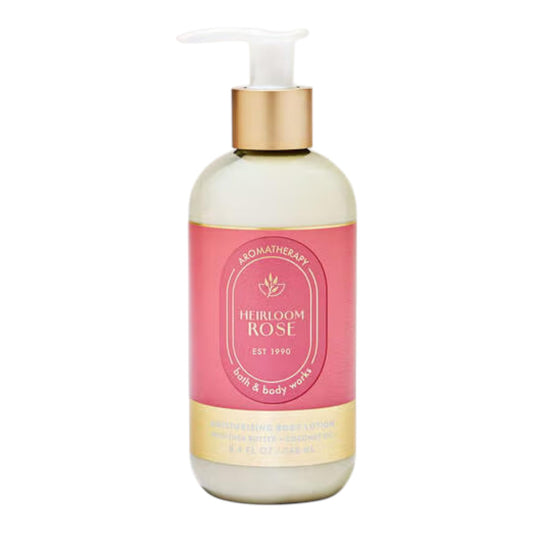 Bath & Body Works Aromatherapy Heirloom Rose lotion bottle for hydrating skin and calming nightly routine.