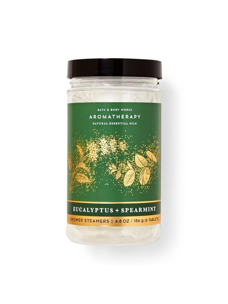 Bath & Body Works Aromatherapy shower steamer bottle with eucalyptus spearmint scent for a spa-like shower.