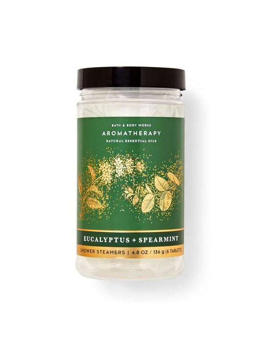 Bath & Body Works Aromatherapy shower steamer bottle with eucalyptus spearmint scent for a spa-like shower.
