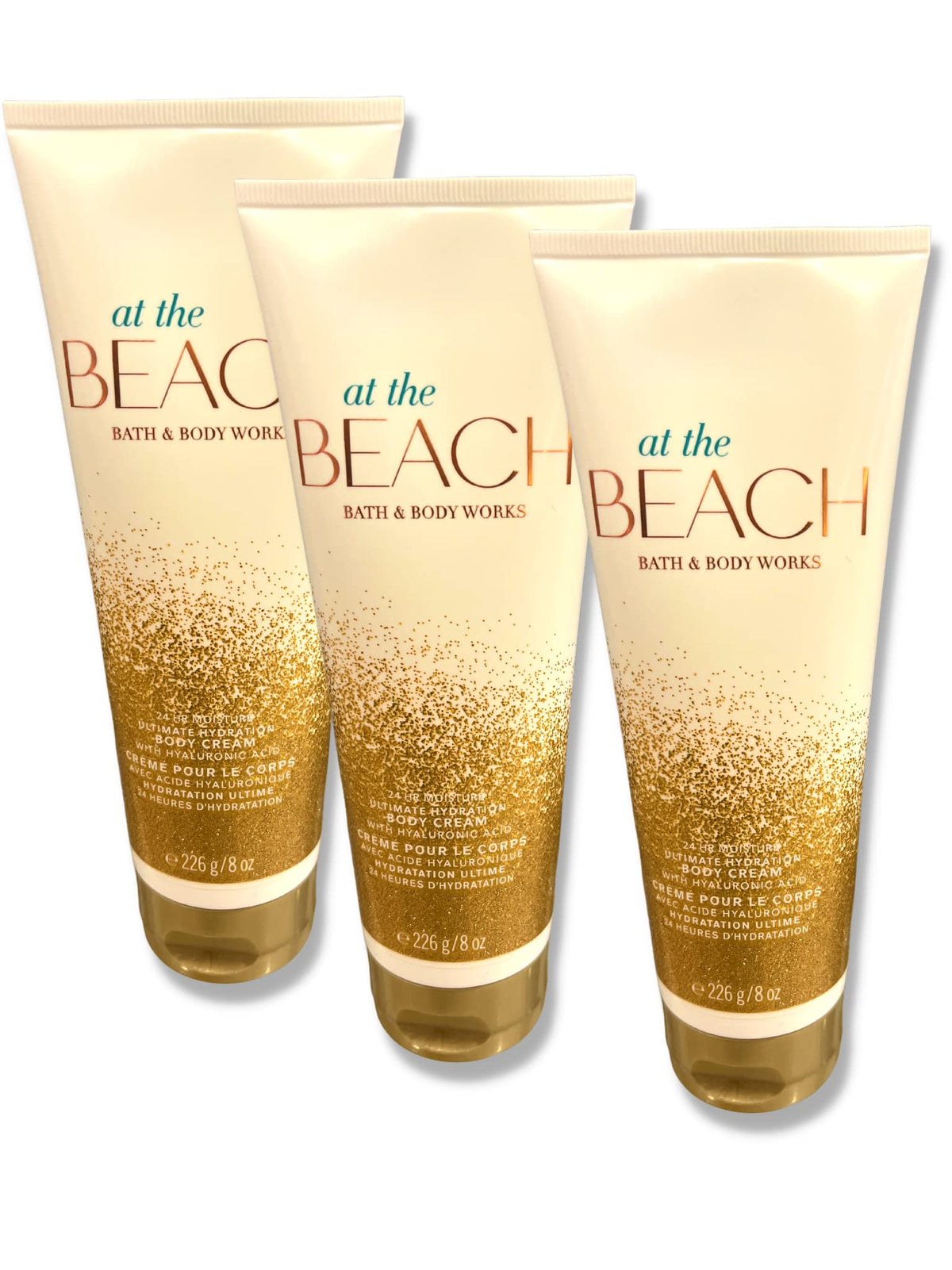 Bath & Body Works At The Beach 3-pack packaging image showing rich hydration for dry skin