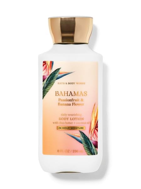Close-up of Bahamas Passionfruit and Banana Flower lotion tube on a vanity for refreshing fragrance.