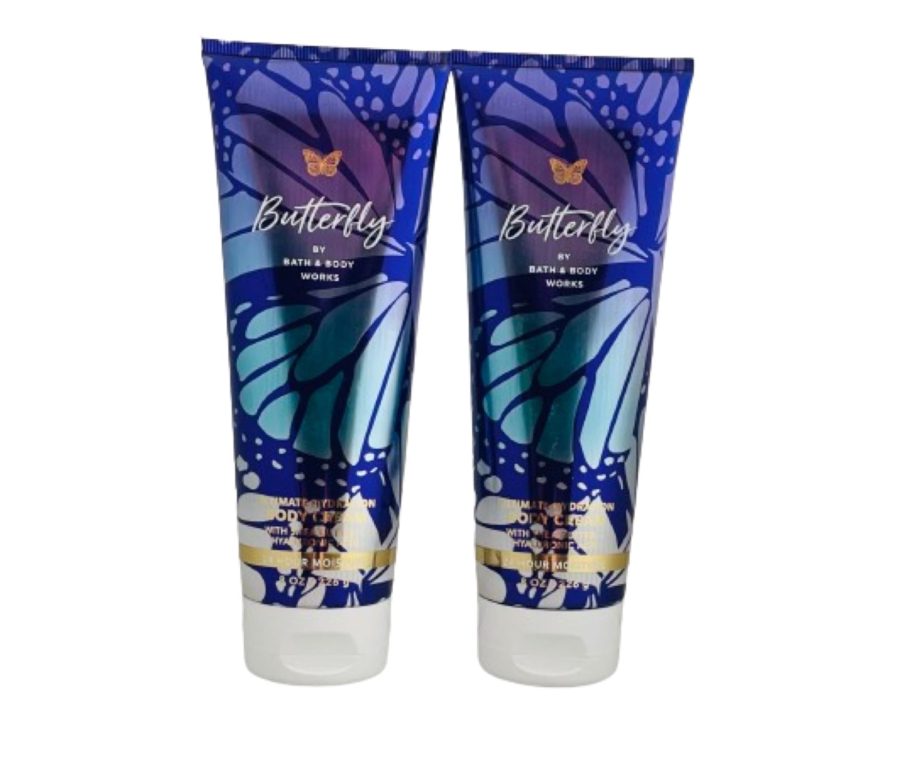 Bath & Body Works Butterfly Body Cream two-pack with 8 oz bottles and seasonal artwork variation.