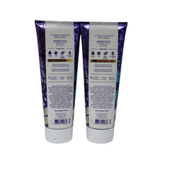 Ingredients blend featuring vitamin E, aloe, shea, cocoa butter, hyaluronic acid.