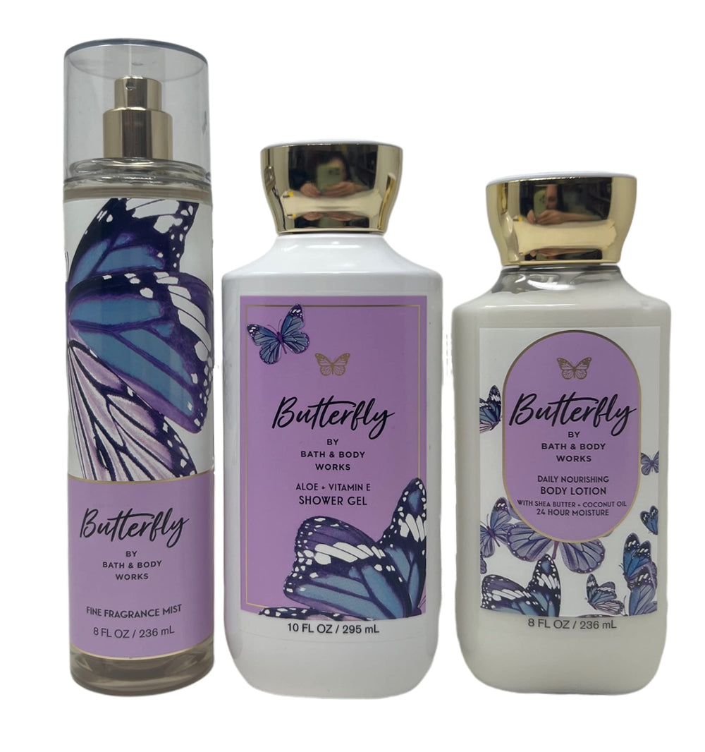 Bath & Body Works Butterfly Trio set—shower gel, mist, and lotion for a light, lasting floral scent.
