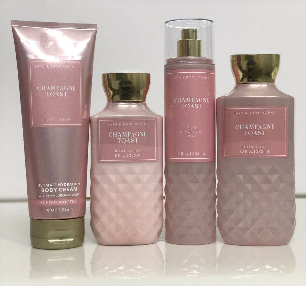 Bath and Body Works Champagne Toast four-piece set displayed on a bathroom vanity for daily pampering.