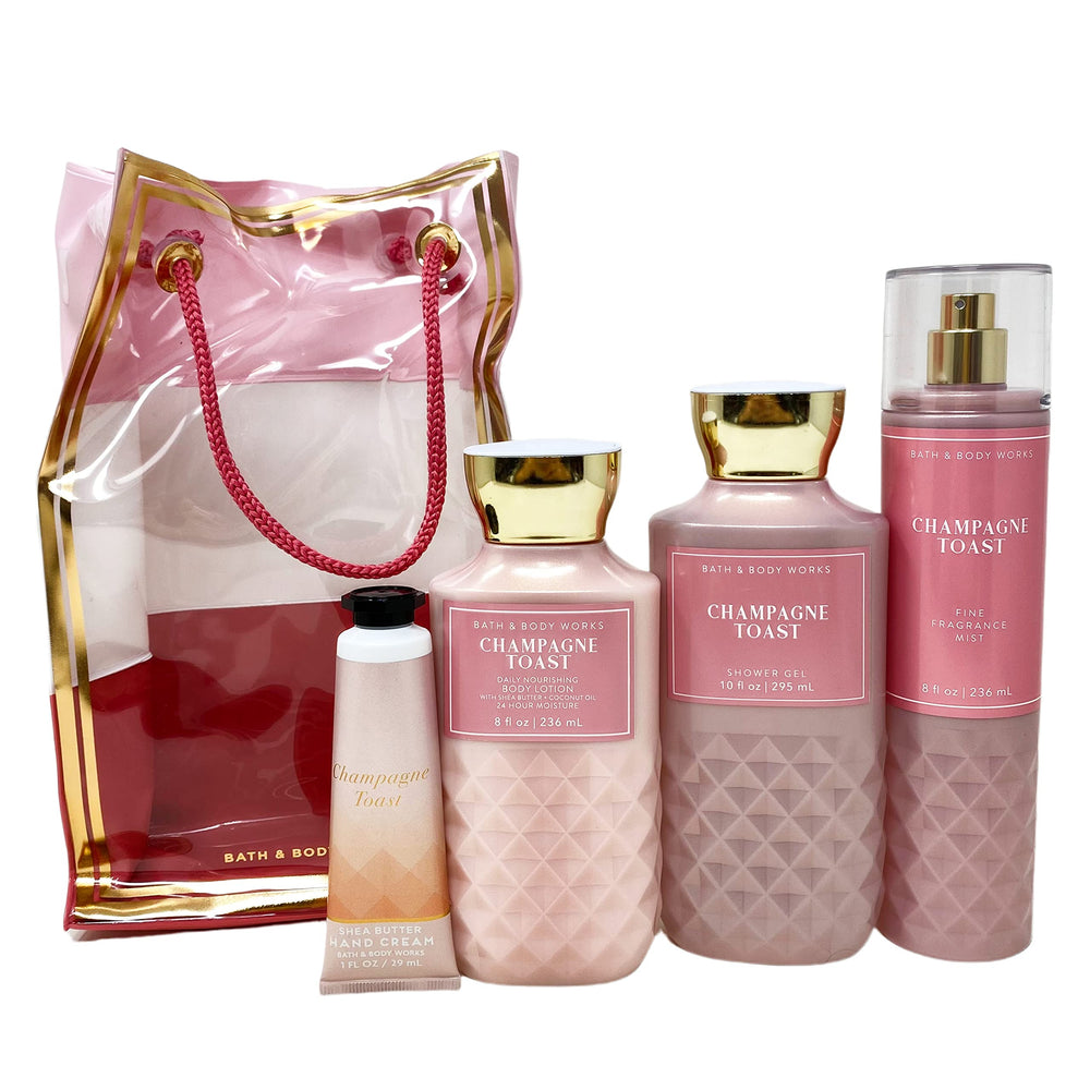 Bath & Body Works Champagne Toast gift bag with fragrance mist, great for spa-like refresh moments.