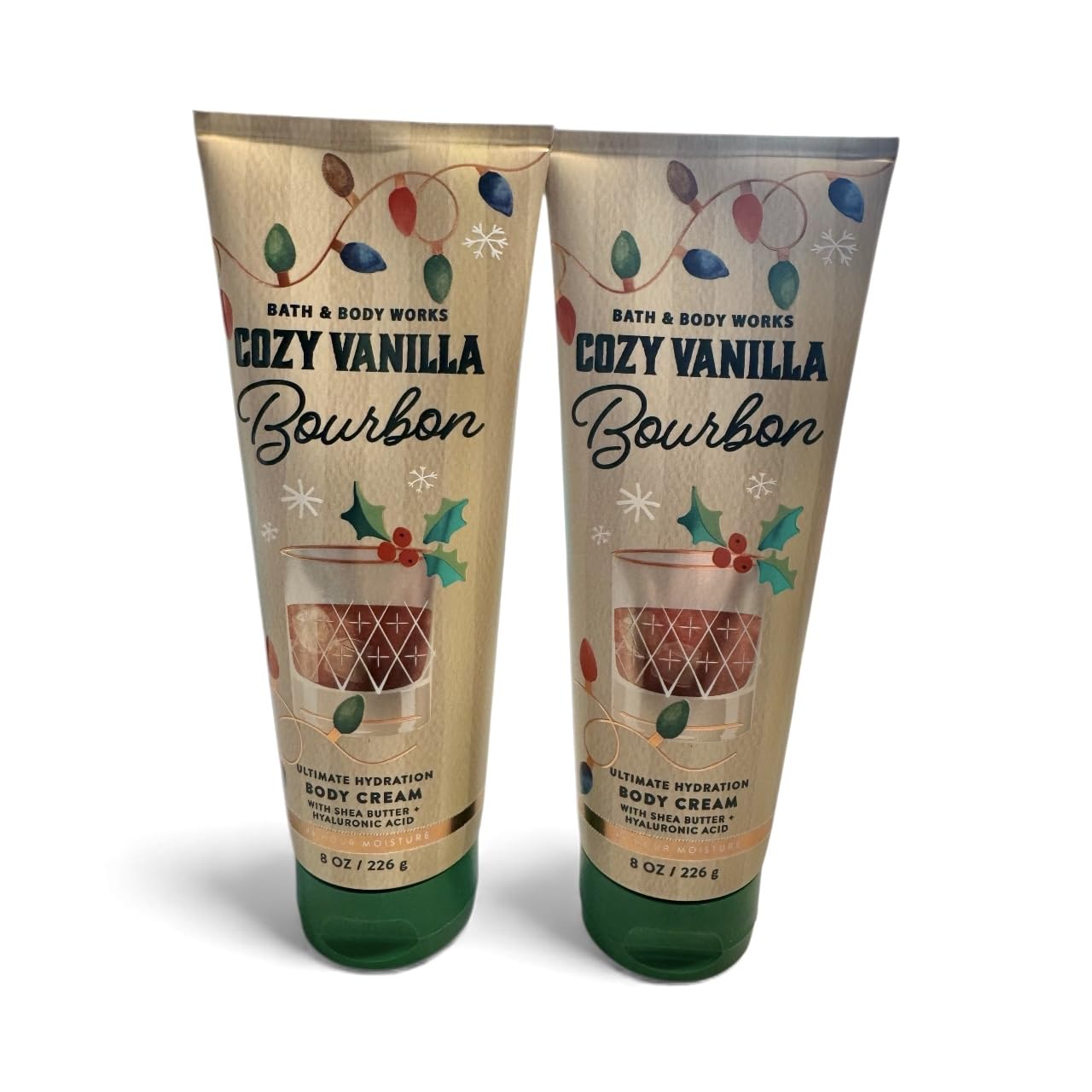Bath & Body Works Cozy Vanilla Bourbon Body Cream bottle artwork with seasonal design for gifting