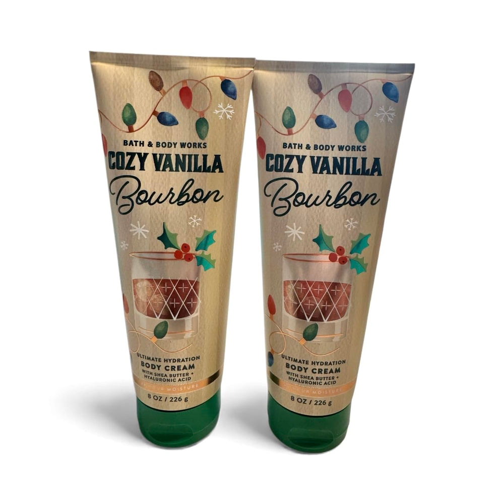 Bath & Body Works Cozy Vanilla Bourbon Body Cream bottle artwork with seasonal design for gifting