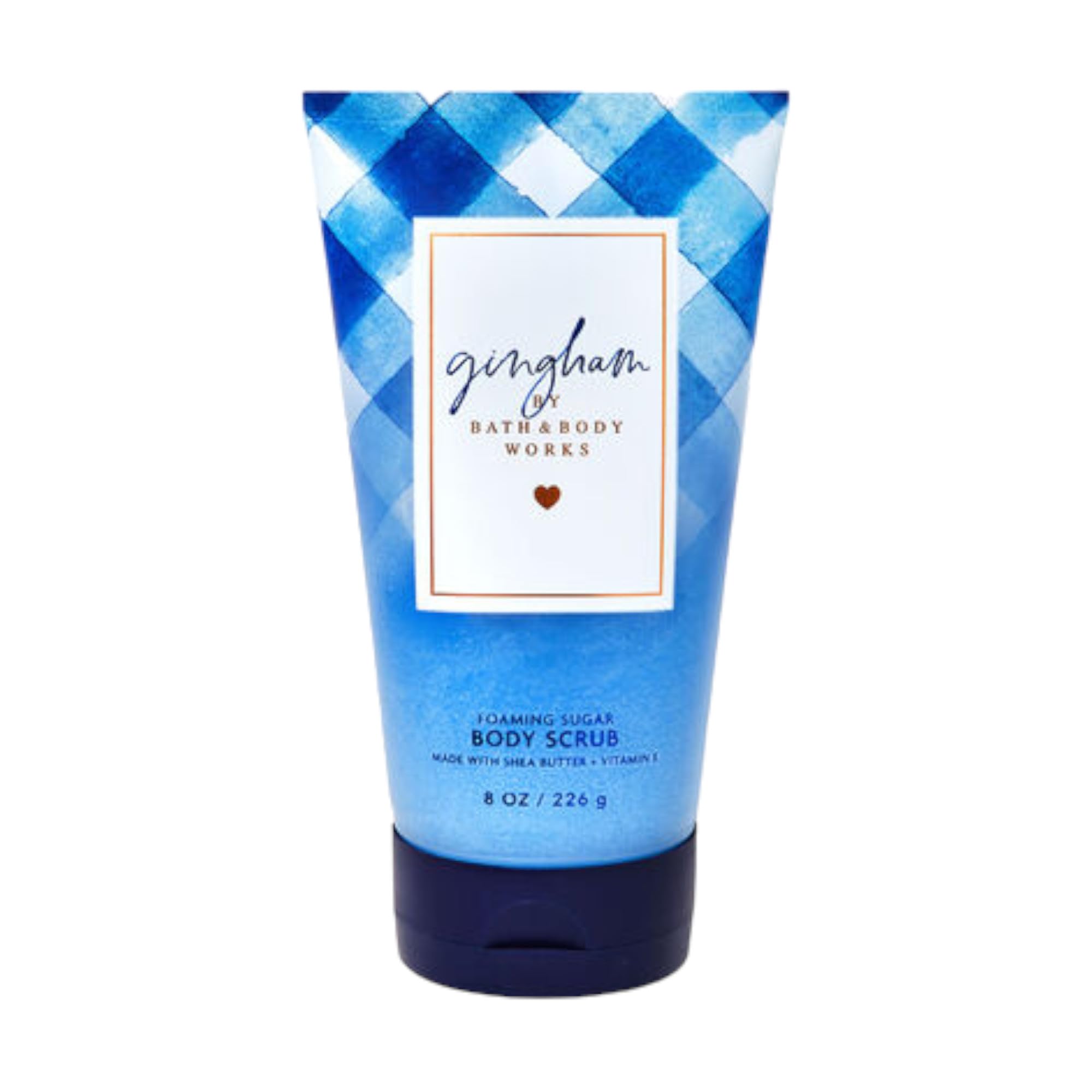Bath & Body Works Creamy Body Scrub 8-ounce, Gingham scent, exfoliating sugar with vitamin E for soft skin.