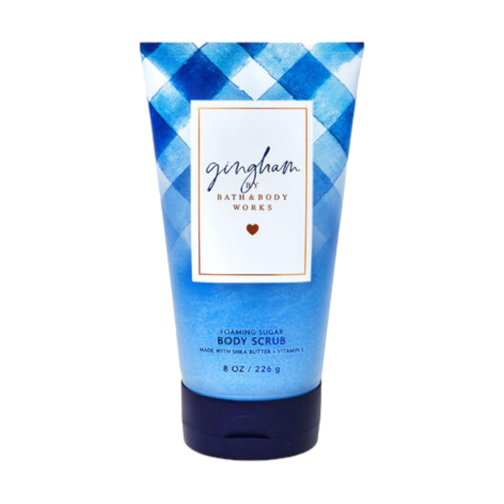 Bath & Body Works Creamy Body Scrub 8-ounce, Gingham scent, exfoliating sugar with vitamin E for soft skin.