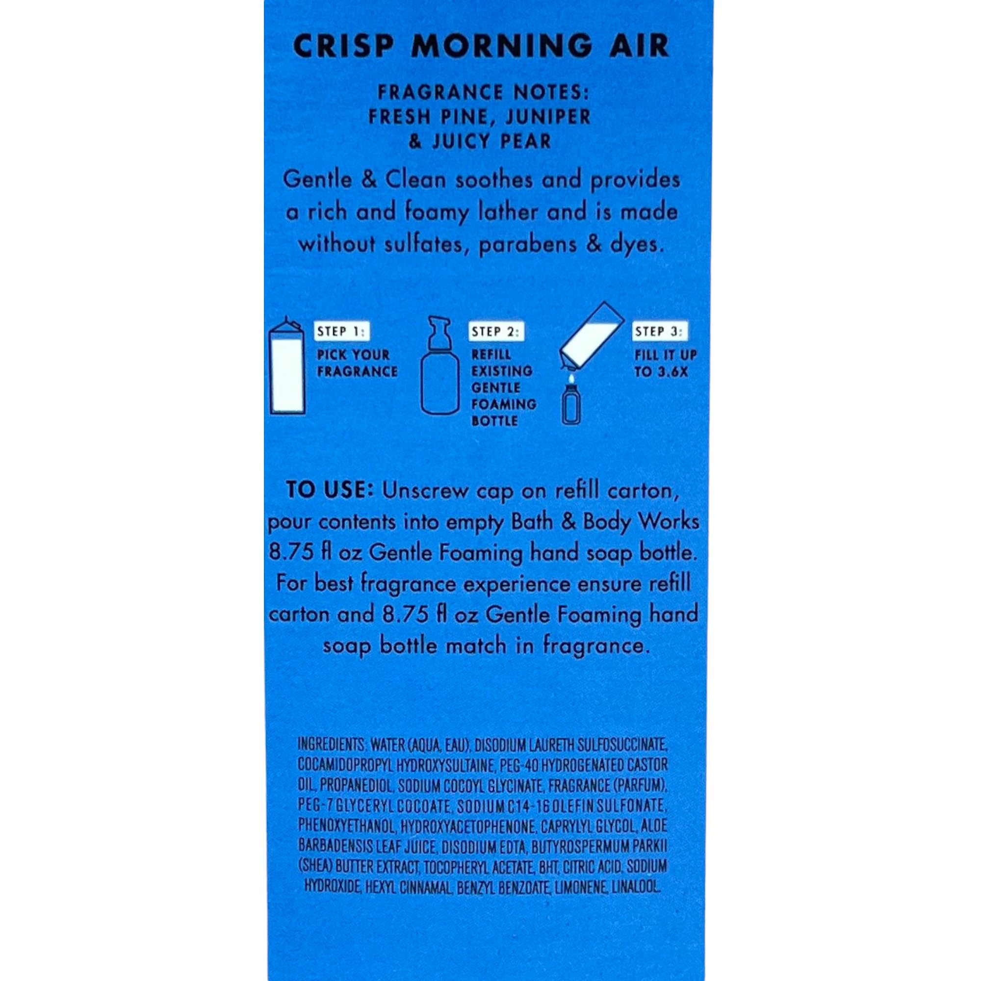 Crisp Morning Air foaming hand soap lathers richly to leave hands soft and refreshed