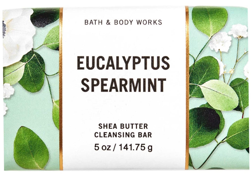 Bath & Body Works Eucalyptus Spearmint bar soap packaging close-up, eco-friendly wrapper