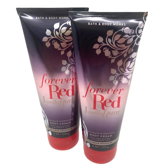 Bath and Body Works Forever Red Vanilla Rum bottle closeup promotes lasting moisture