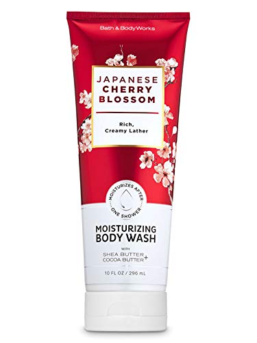 Bath and Body Works Japanese Cherry Blossom body wash bottle pour showing rich lather for moisturizing skin