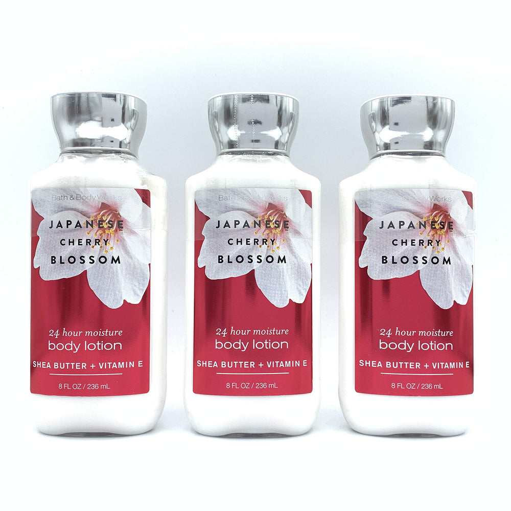Bath & Body Works Japanese Cherry Blossom lotion trio with 8 oz bottles, hydrating and lightly scented.