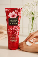 Texture close-up of Bath & Body Works Japanese Cherry Blossom cream for fast, non-greasy absorption