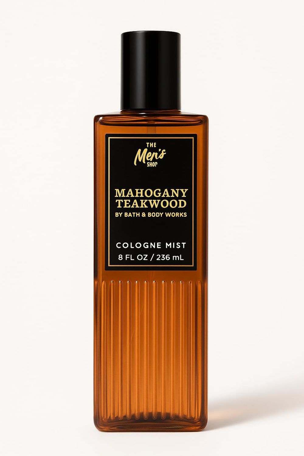 Bath & Body Works Mahogany Teakwood Cologne Mist bottle shows woodsy, refined scent.