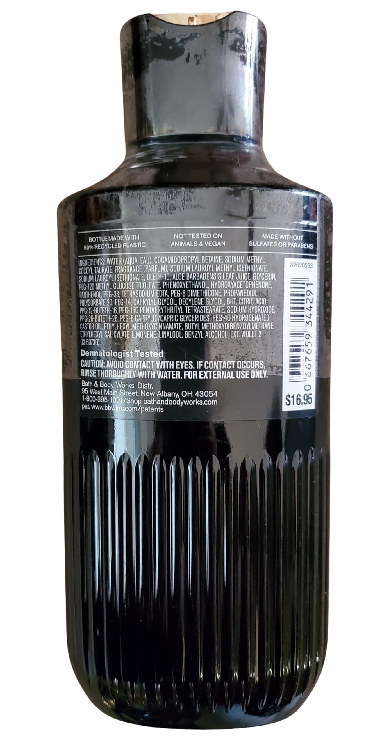 Bath & Body Works Men's Glory label closeup, 3-in-1 convenience for hair, face & body.