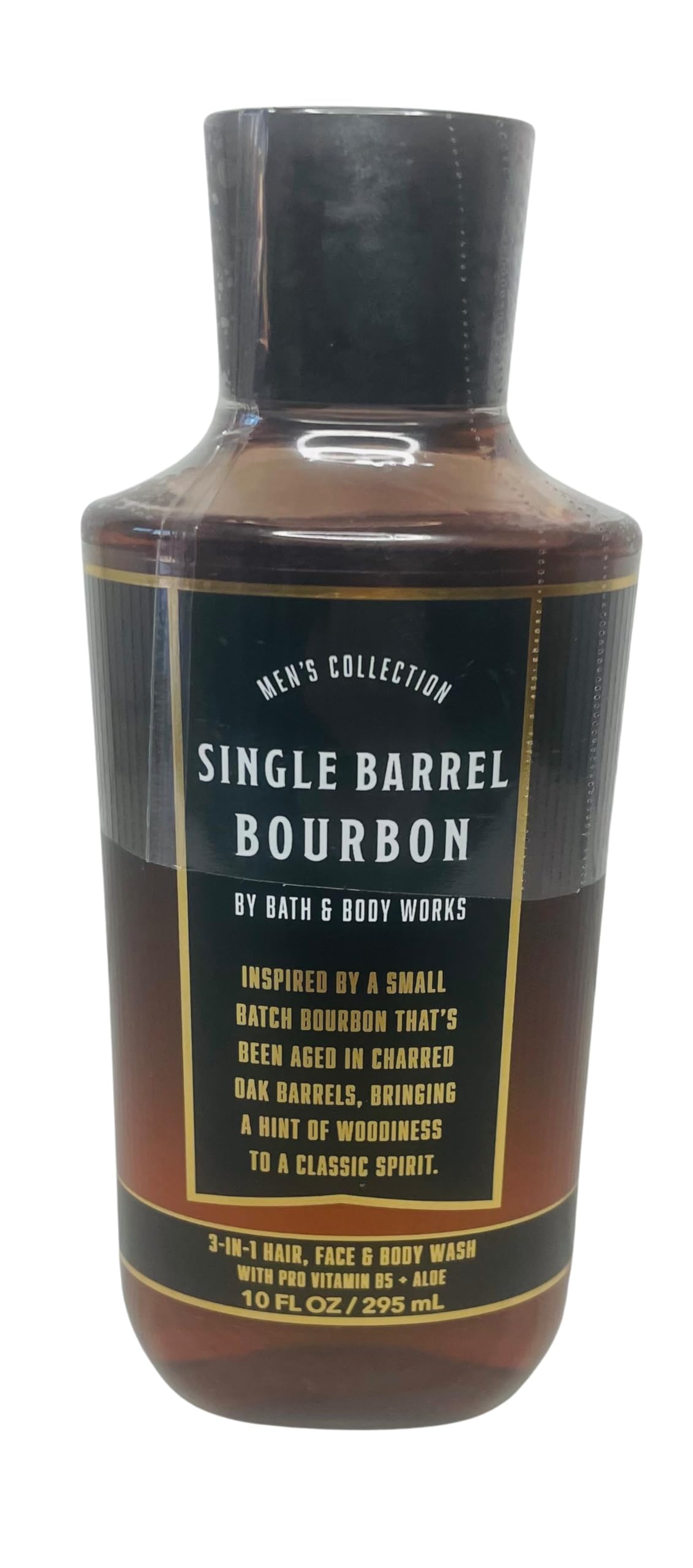 Bath & Body Works Men's Single Barrel Bourbon bottle for daily grooming with rugged aroma.