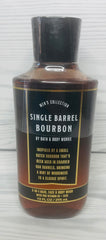 Bath & Body Works Men's Single Barrel Bourbon label highlighting spiced citrus and oak notes.