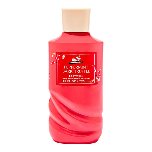 Bath & Body Works Milk Peppermint Bark Truffle body wash bottle pour with creamy lather and refreshing scent.