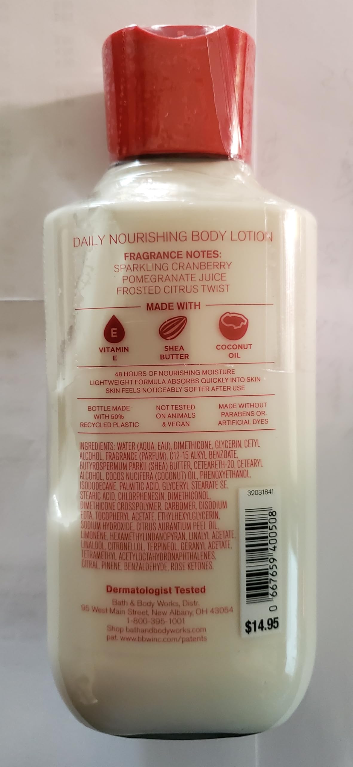 Bath & Body Works Mrs Claus fragrance notes cranberry and pomegranate for festive aroma.