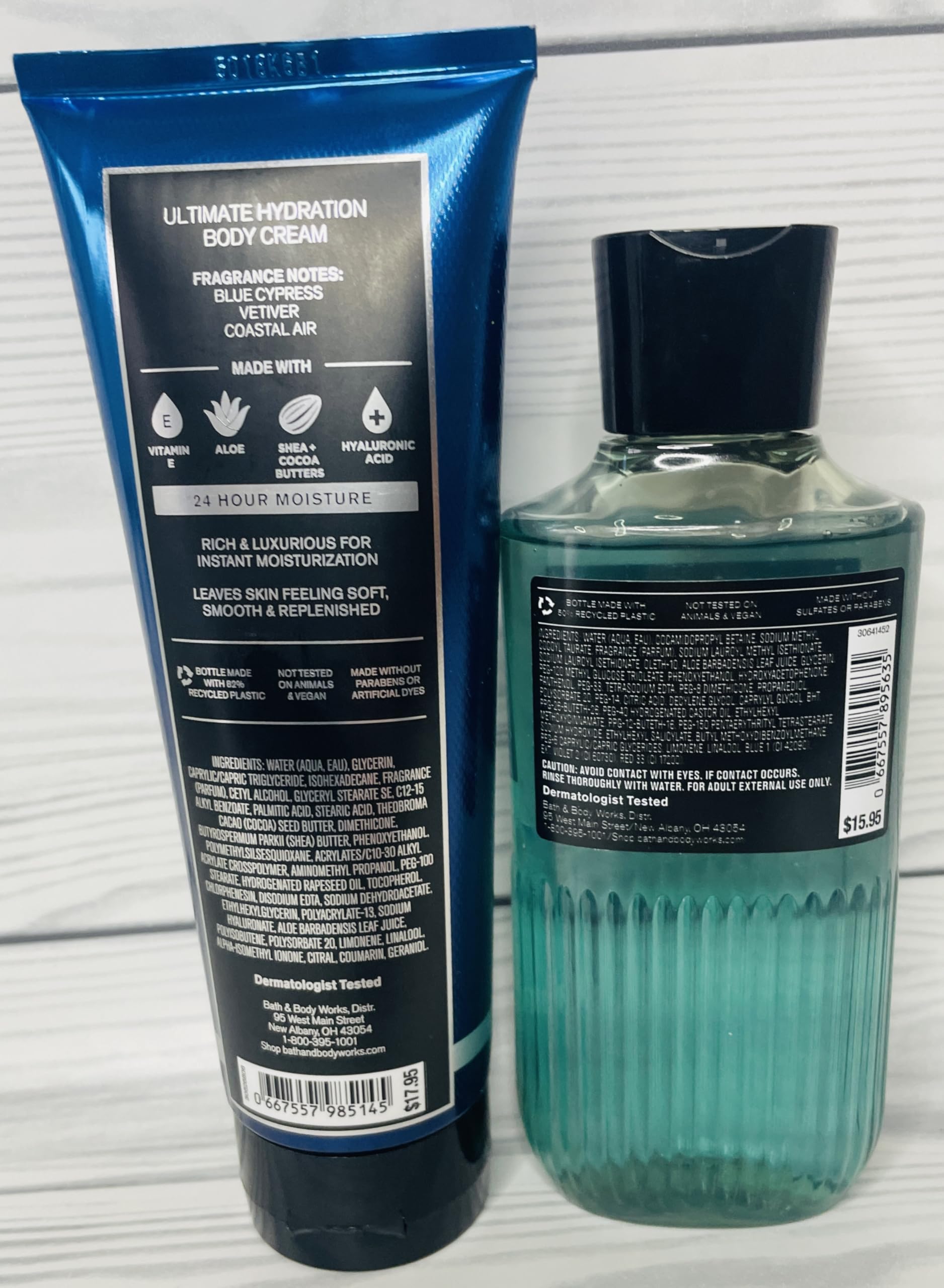 Bath & Body Works Ocean packaging shows recycled plastic content.