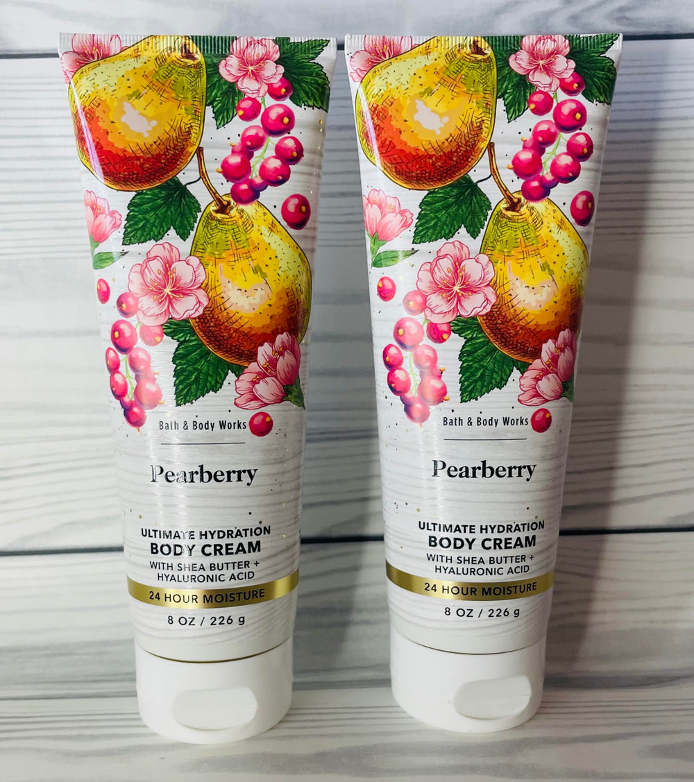 Bath & Body Works Pearberry cream bottle close-up, creamy texture for smooth skin.