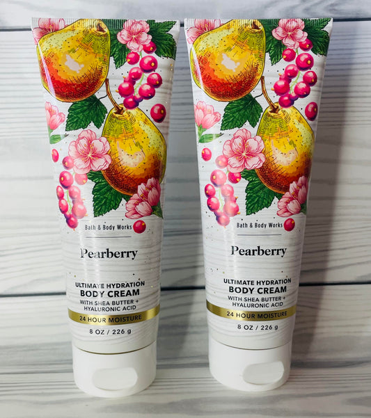 Bath & Body Works Pearberry cream bottle close-up, creamy texture for smooth skin.