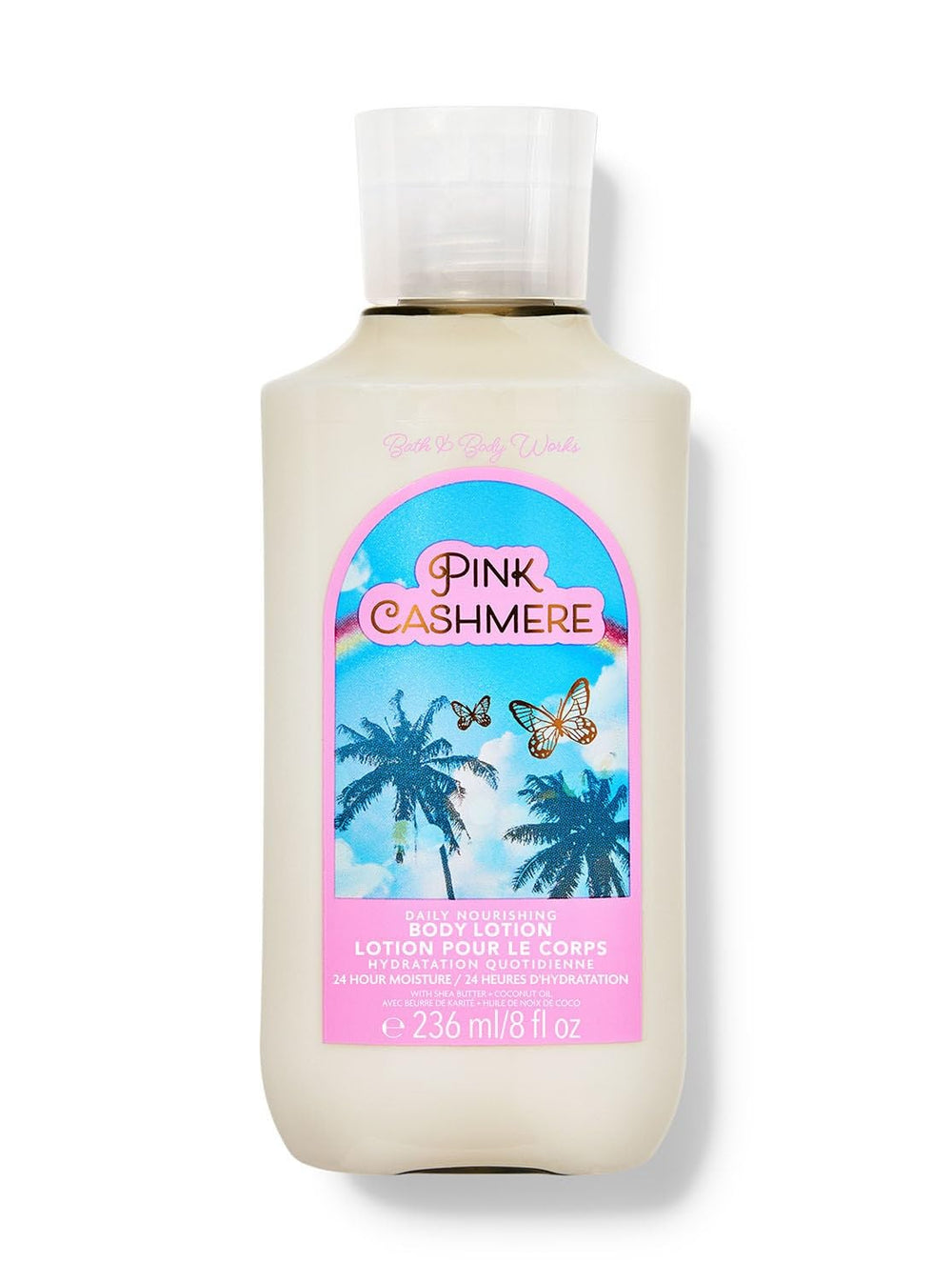 Bath & Body Works Pink Cashmere lotion bottle delivers long-lasting moisture.