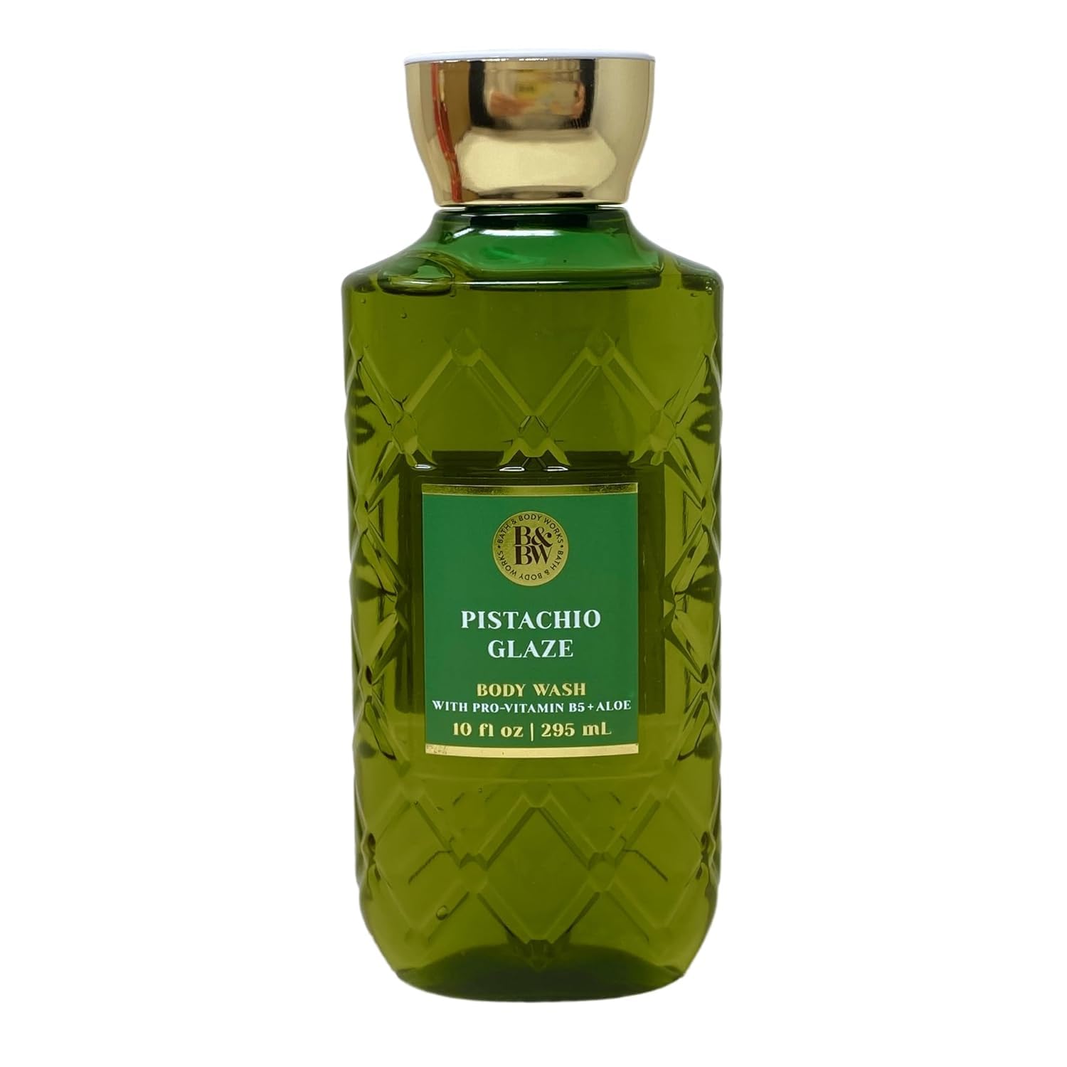 Bath and Body Works Pistachio Glaze shower gel bottle highlights creamy formula and lasting fragrance.
