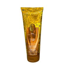 Applying Bath & Body Works Princess Collection cream for silky-smooth skin.