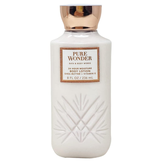 Bath & Body Works Pure Wonder lotion texture close-up shows quick absorption.