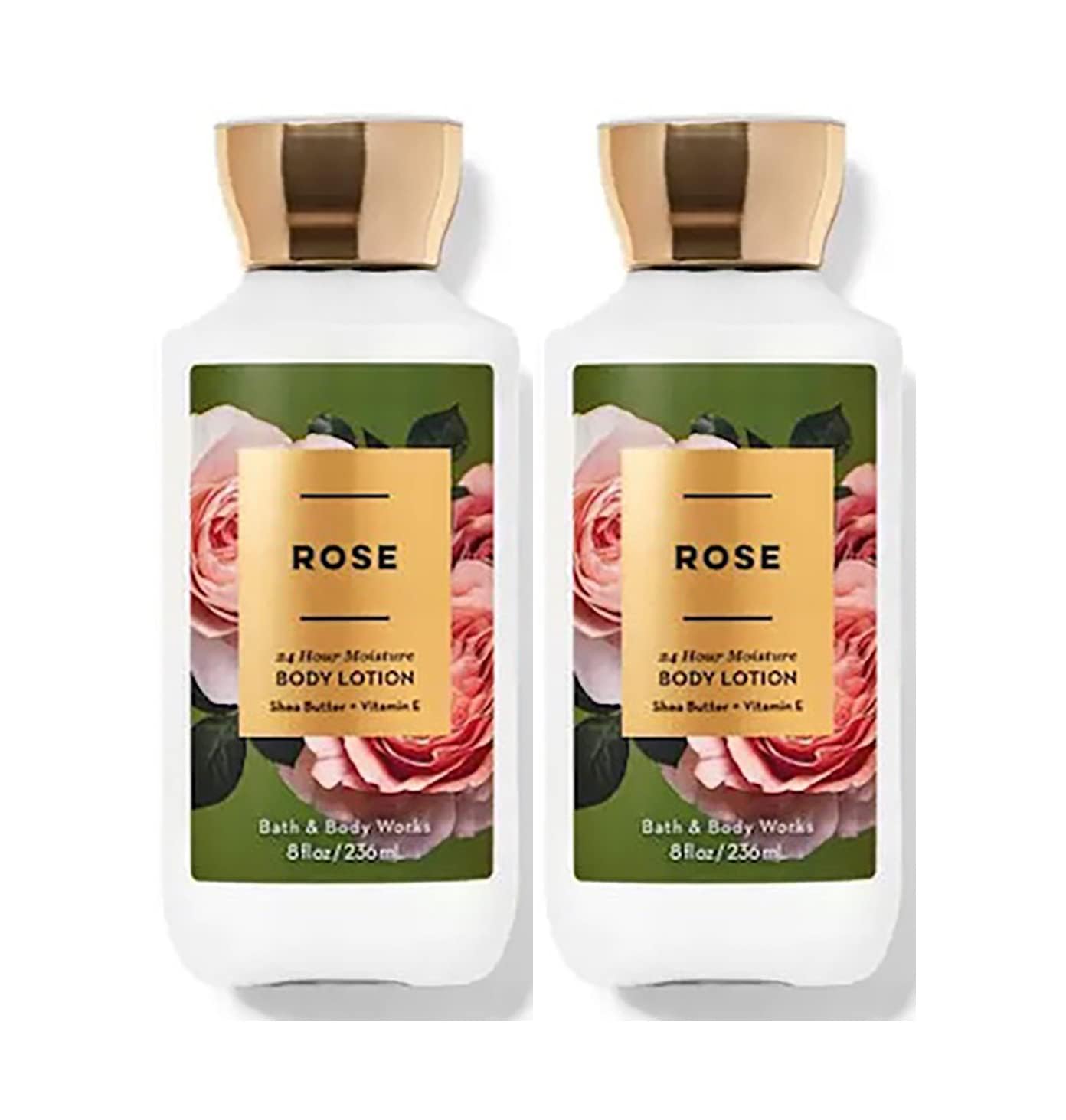 Bath & Body Works Rose lotion bottles, two-pack, fast-absorbing moisture for daily care.
