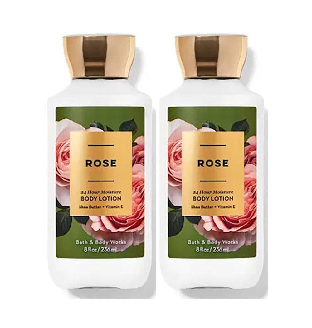 Bath & Body Works Rose lotion bottles, two-pack, fast-absorbing moisture for daily care.