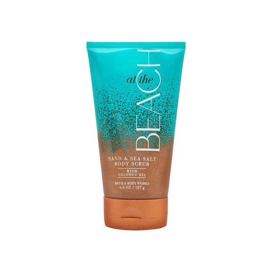 Bath and Body Works sand and sea salt scrub bottle shows exfoliation and fragrance