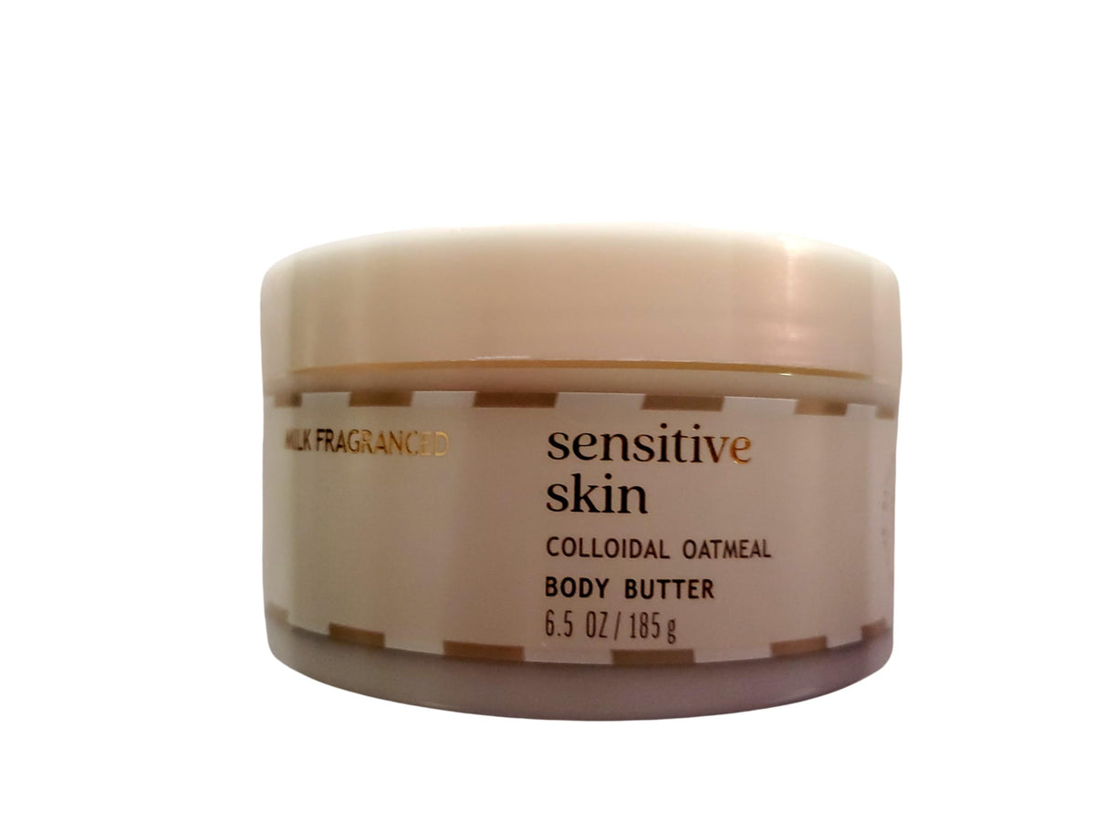 Bath and Body Works Sensitive Skin Milk Whipped Butter jar close-up shows soothing moisture