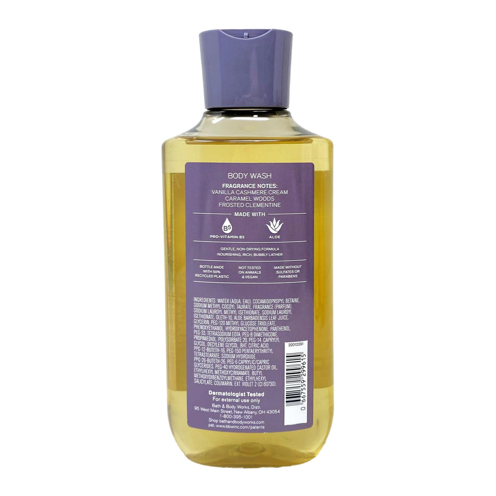 Bath and Body Works Snowflakes Cashmere label closeup, highlighting vanilla cashmere notes