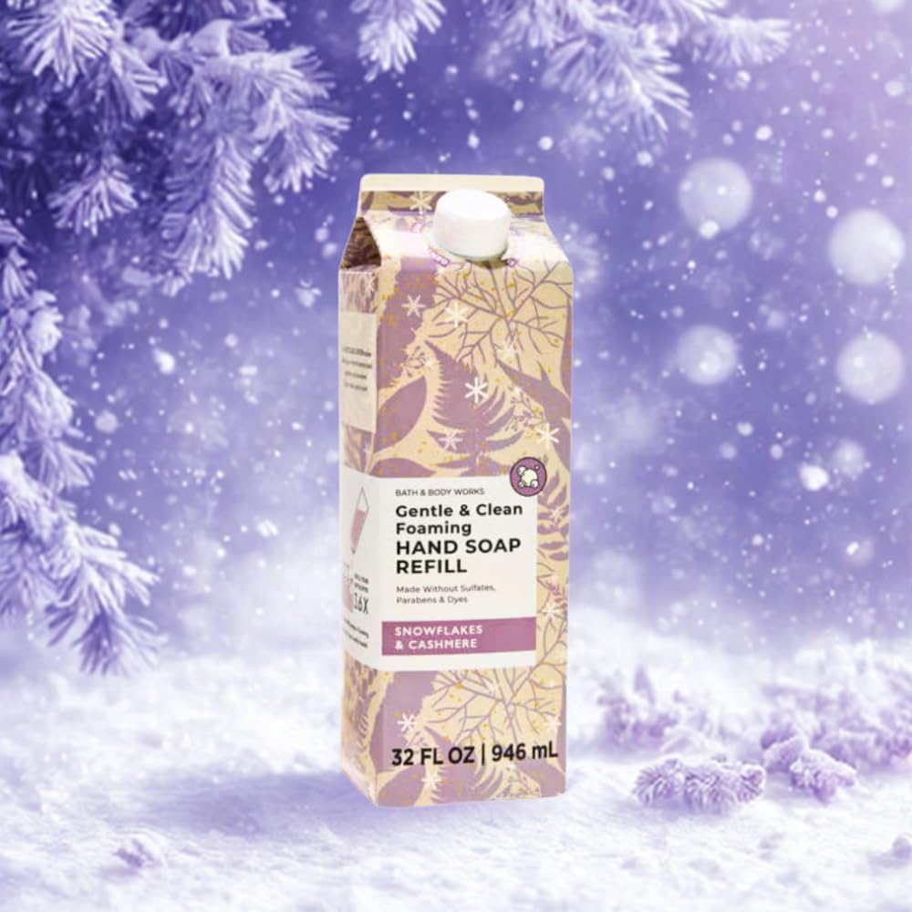 Snowflakes and Cashmere label closeup highlighting scent notes and premium formulation for daily use.